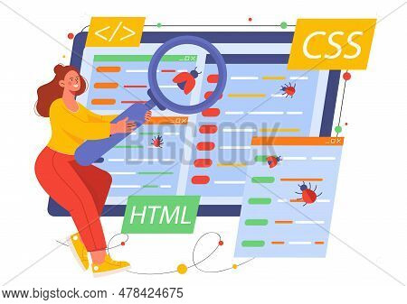 Woman With Application Code Concept. Young Girl With Magnifying Glass Looks For Errors In Website Or