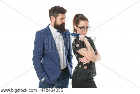 Flirtatious Girl. Sexy Woman Lead Man On Tie. Engaging In Flirtation. Business Partners Conduct Flir