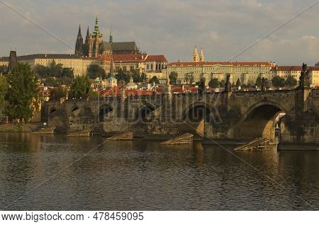 Classic Cityscape View Of Medieval Prague. Panorama Of Ancient Prague Castle And Saint Vitus Cathedr