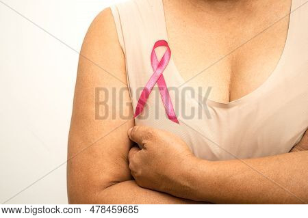 Asian Woman Patient Checking And Worry Her Breast, Breast Self Exam Or Bes, Symbol Of World Breast C