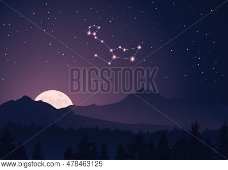 Vector Constellation Cetus In Dark Purple, Starry Sky. Misty Hills, Rising Moon, Dark Forest, Mounta