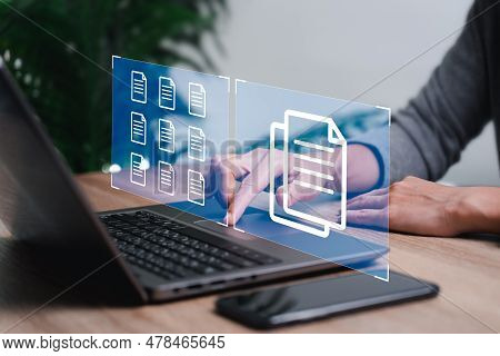 Document Management Concept, Business Women Use Laptop Management Electronic Documents Online For Ea