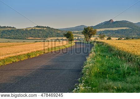 Country Road Through Wheat Field Surrounded With Trees And Mountains In The Background. Sunny Summer