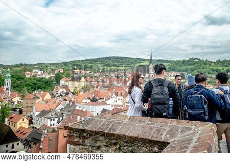 Group Of Asian Tourists At Cesky Krumlov Castle. Czech Republic. May 20, 2017