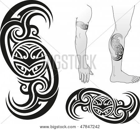 Traditionelle Maori tattoo Design mit Taniwha Gesicht in einem Strudel. Gut für Arme und Beine. Rasterbild. 