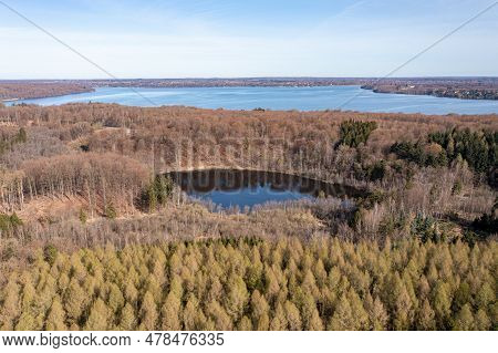 Bagsvaerd, Denmark - April 20, 2022: Aerial Drone View Of Store Hulsoe Lake With Furesoe Lake In The