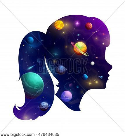 Girl Head Silhouette With Cartoon Galaxy Space. Double Exposition. Enchanting Vector Female Face Pro