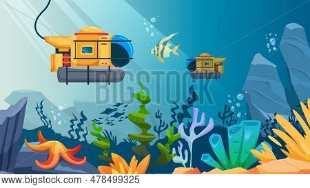 Submarine Realistic Background With Navy And Research Symbols Realistic Vector Illustration