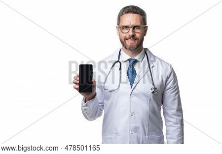 Cheerful Medical Man Show Telehealth Isolated On White. Medical Man Show Telehealth