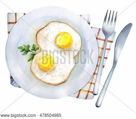 Two Fried Eggs On A White Plate With A Knife And Fork. Top View. Watercolor Hand Drawn Illustration.
