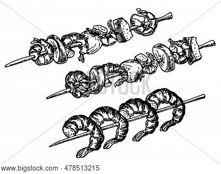Grilled Shrimp On A Skewer. Seafood Hand Drawn Illustration Isolated On A White Background. Fish Keb