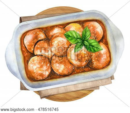 Italian Eggplant Dish Melanzane Alla Parmigiana. Parmigiana Melanzane. Hand-drawn Watercolor Illustr