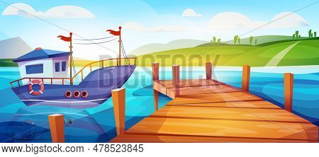 Landscape With Fishing Boat. Summer Deserted Scenery With Ship And Wooden Bridge, Sea Or River. Fish