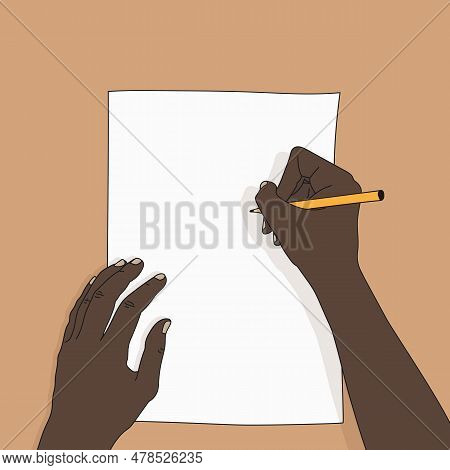Drawing Hand With A Pencil And A White Sheet Of Paper. Pencil In A Right Hand. Artist At Work. Vecto