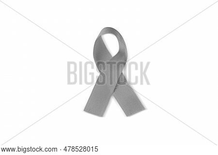 Closeup Of A Gray Awareness Ribbon Isolated On A White Background With A Clipping Path.
