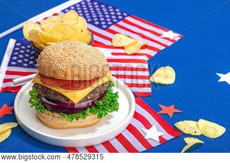 Homemade Burgers. An American Classic, Traditional Food For Picnic Or Celebration Independence Day