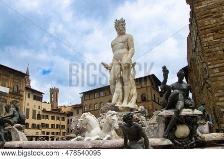 Florence, Italy, May, 17, 2023.the Fountain Of Neptune Situated In The Piazza Della Signoria. The Fo