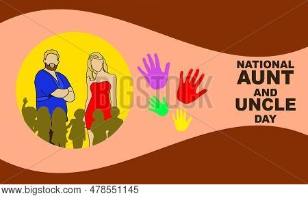 Uncle And Aunt With Silhouettes Of Their Nephews In Yellow Circles And Ribbon Frames. Commemorate Na