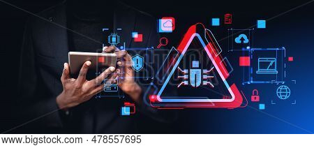 African Man Hands Typing In Tablet, Double Exposure Bug Detection And Online Security, Software And 