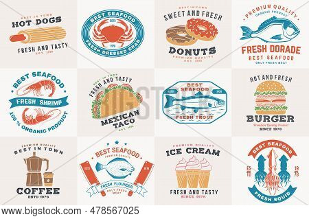 Set Of Seafood And Fast Food Retro Badge. Vector. For Seafood Emblem, Sign, Patch, Shirt, Menu Resta