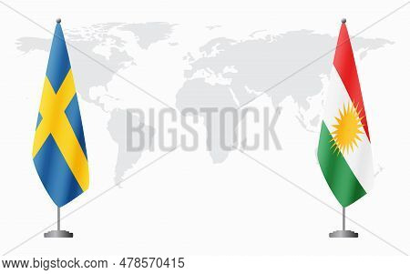 Sweden And Kurdistan Flags For Official Meeting Against Background Of World Map.