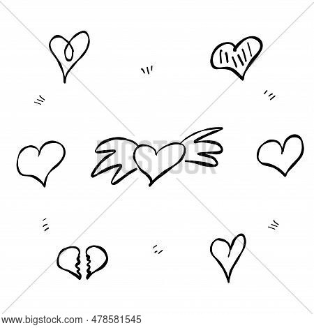 Heart Wings Broken Love Set Elements Doodle