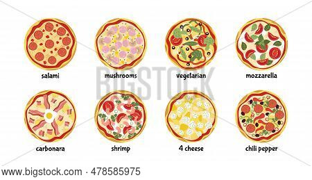 Isolated Tasty Pizza Icons Top View. Pizzas Salami, Mozzarella, Peperoni. Pizzeria, Delivery Service