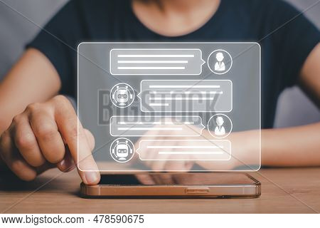 Chat Gpt, Chat Bot Assistant, Person Tusing Smart Phone On Desk With Chat Gpt Icon On Virtual Screen