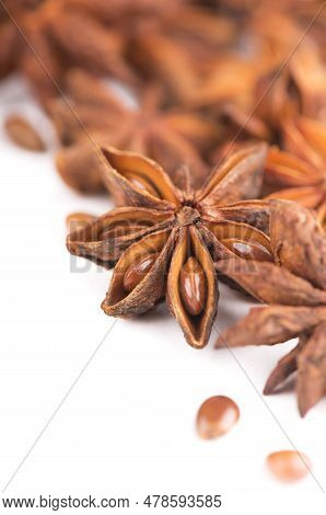 Whole Star Anise Isolated On White Background With Shadow