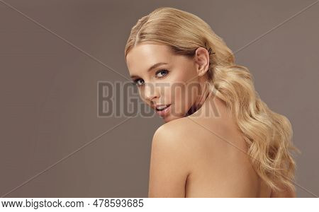 Portrait Of Beauty Caucasian Blond Woman Face Clean Skin Beautiful Female Eyes Lips With Perfect Hea
