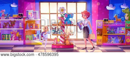 Kid Toy Store Interior Cartoon Vector Illustration. Happy Baby Girl With Mother In Toyshop For Buy L