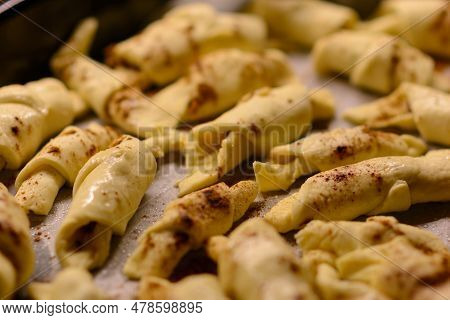Preparing Mini Croissants And Placing Them On A Baking Sheet For Cooking In The Oven. Homemade Puff 