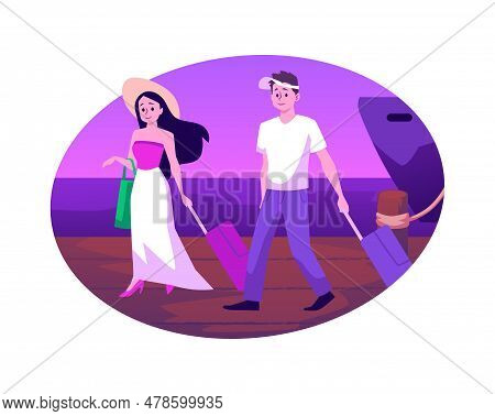 Man And Woman With Suitcases Landed From Cruise Liner Or Yacht, Cruise Vacation Concept, Holiday Sea