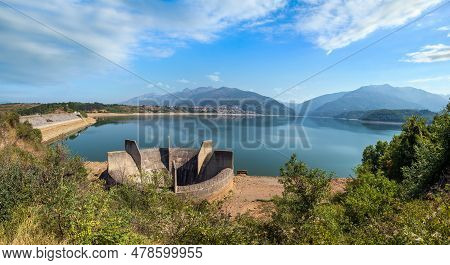 Debar Lake Summer Landscape With Water Drainage Construction Near Hydroelectric Power Plant Shpilje,