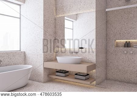 Perspective View Of Light Modern Bathroom Interior Design With Tiles Stone Floor And Walls, White Ba