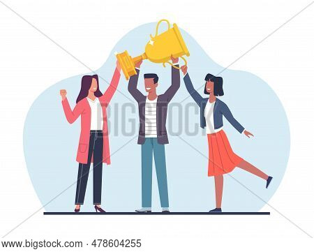Concept Of Teamwork Success, Men And Women Celebrating Victory With Gold Cup In Hands. People Celebr