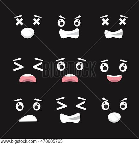 Diferent Cartoon Funny Emojies On The Black Background. Sad, Dissapointed, Laughing, Happy Faces. Em