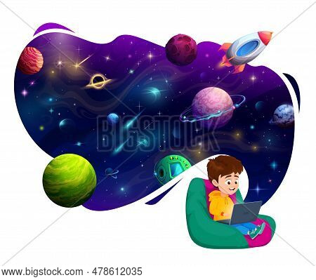 Cartoon Child Boy Sitting On Bag Chair With Laptop And Thinking About Space Discovery. Imaginative V