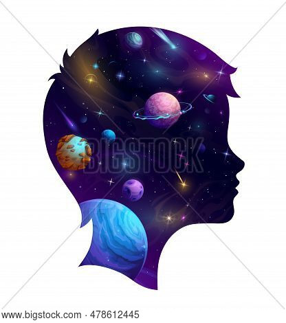 Boy Head Silhouette And Cartoon Galaxy Space. Double Exposition. Vector Male Kid Face Profile With M