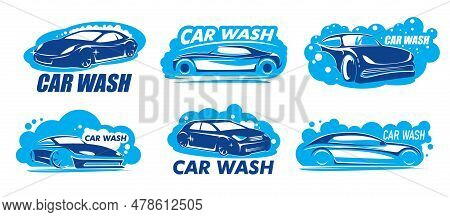 Car Wash Icons With Vector Clean Autos, Soap Foam And Bubbles. Carwash Or Auto Wash Service Isolated