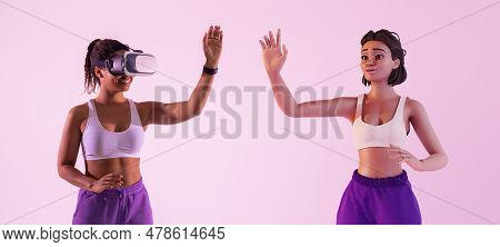 Sporty Young Black Woman Playing Virtual Reality Games As 3d Avatar, Interacting With Immersive Tech