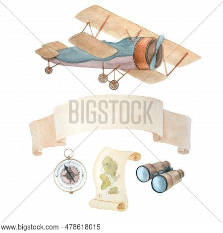 Watercolor Illustration Of Vintage Plane, Binoculars, Compass, Map And Vintage Scroll For Inscriptio
