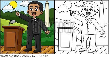 This Coloring Page Shows A Martin Luther King Of Juneteenth. One Side Of This Illustration Is Colore