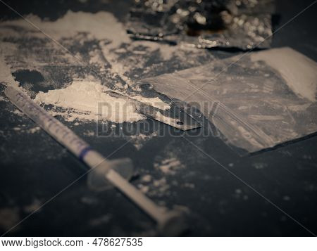 Heroin Powder Drugs With Syringe Medium Shot