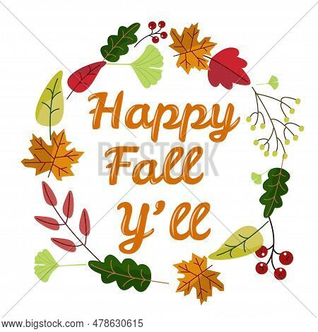 Autumn Background. Minimalistic Wreath With Berries, Acorn And Leves. Frame With Text Hello Fall Yal