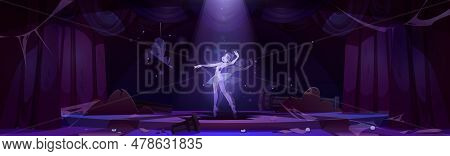 Abandoned Theatre Ballet Stage And Ballerina Ghost Performance Background. Theater Curtain With Spot
