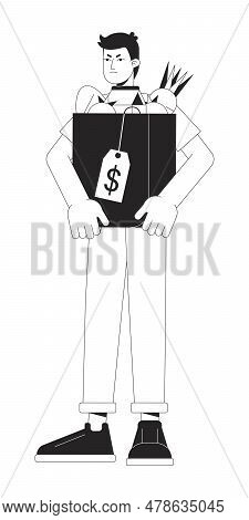 Unhappy Man Hold Bag With Purchases Flat Line Black White Vector Character