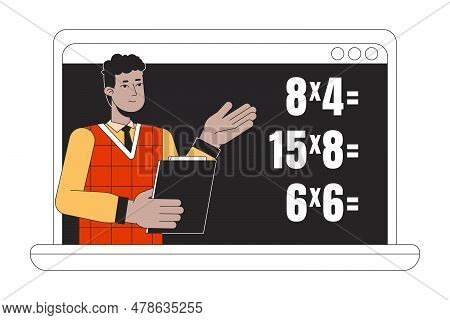 Math Online Lesson On Laptop Flat Line Color Vector Character