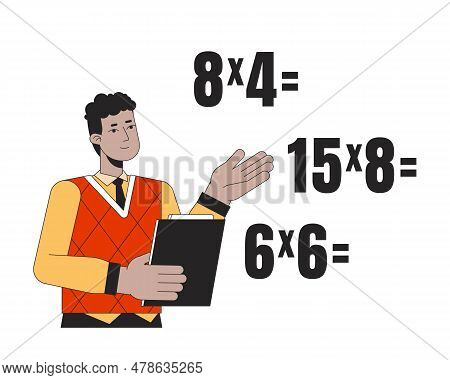 African American Teacher Teaching Math Flat Line Color Vector Character