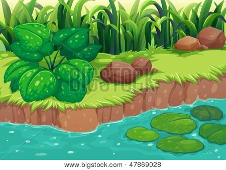 Illustrazione delle piante verdi lungo il fiume 